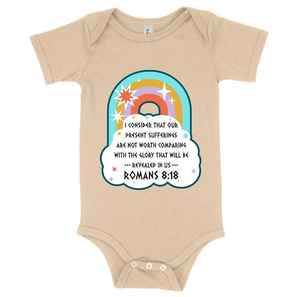 Soft and comfortable Christian baby onesie with Bible verse design, made with premium Airlume cotton for newborns to 24-month-olds.