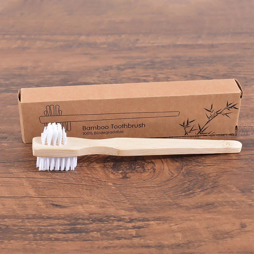 Premium Bamboo Denture Cleaning Brush with advanced DuPont bristles for effective plaque removal and a sparkling clean denture
