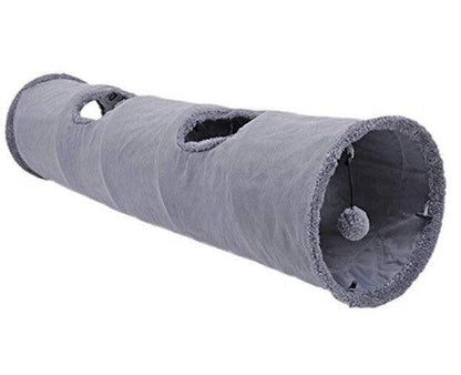 A cozy and collapsible cat tunnel toy made of high-quality polyester material, providing a warm and durable hideaway for indoor playtime and relaxation.