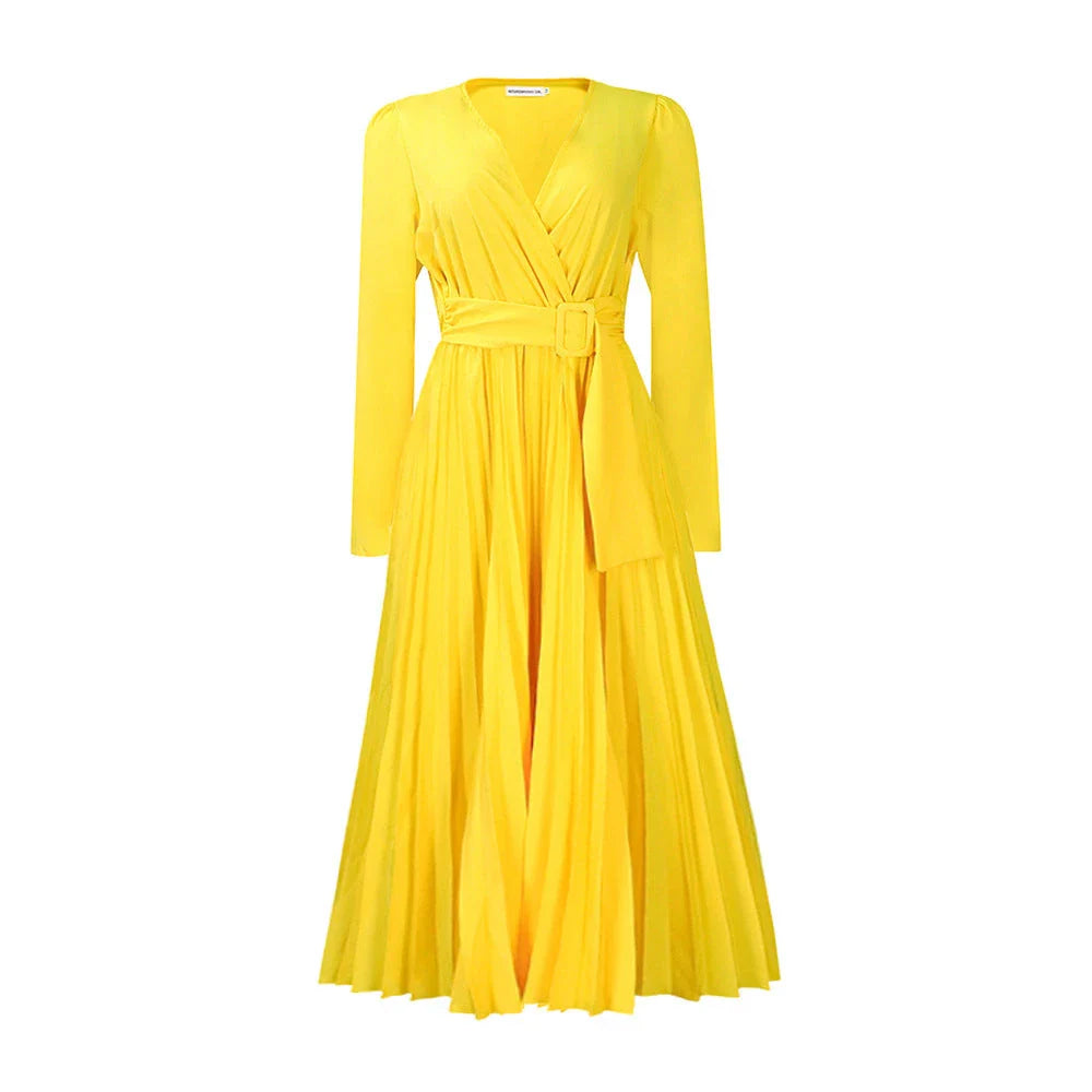 Luxurious long sleeve pleated Africa dress with lace-up neckline, available in multiple colors and sizes
