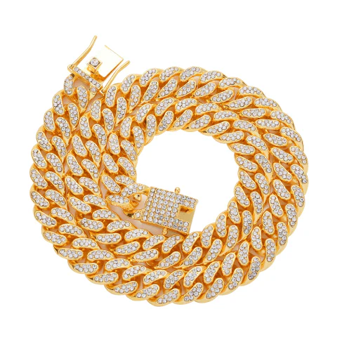 Elegant gold-colored Cuban chain necklace with rhinestone embellishments, perfect for everyday wear and style enhancement.