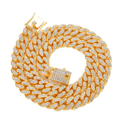 Elegant gold-colored Cuban chain necklace with rhinestone embellishments, perfect for everyday wear and style enhancement.