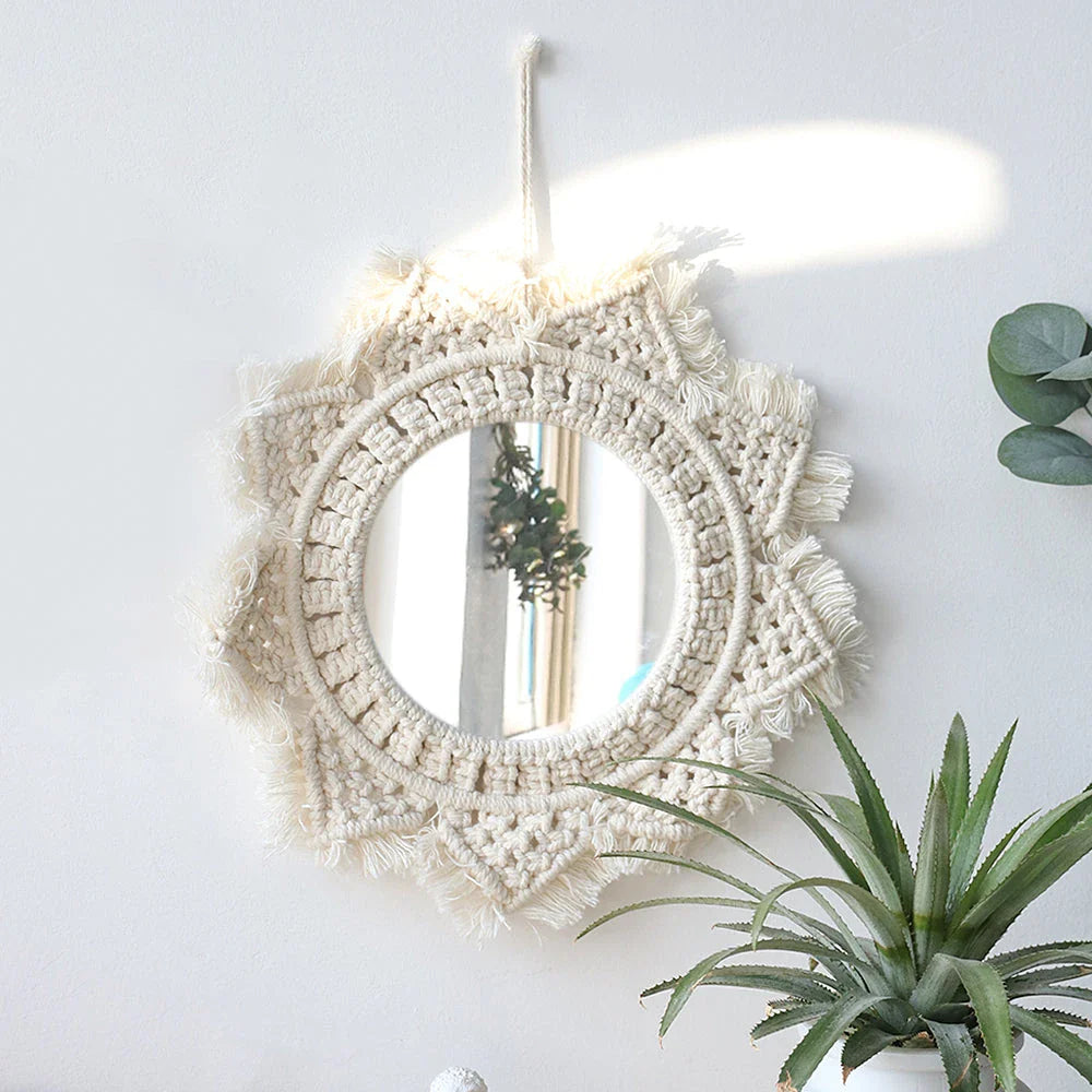Handcrafted white macrame mirror wall hanging with intricate boho-inspired design, perfect for adding style and charm to home decor