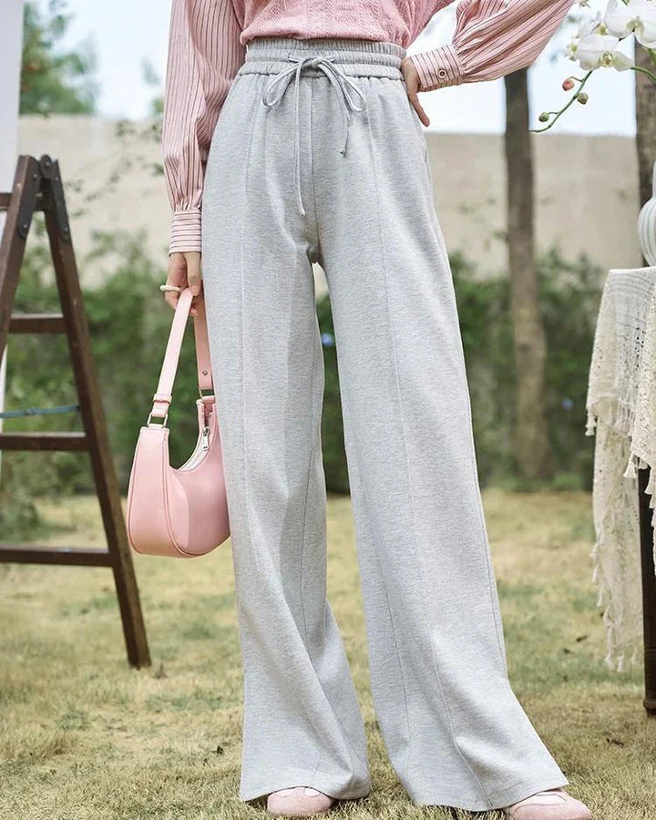 High-Waisted Wide Leg Casual Pants with Lace-Up Waist in Gray Color