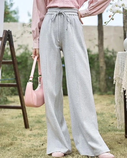 High-Waisted Wide Leg Casual Pants with Lace-Up Waist in Gray Color