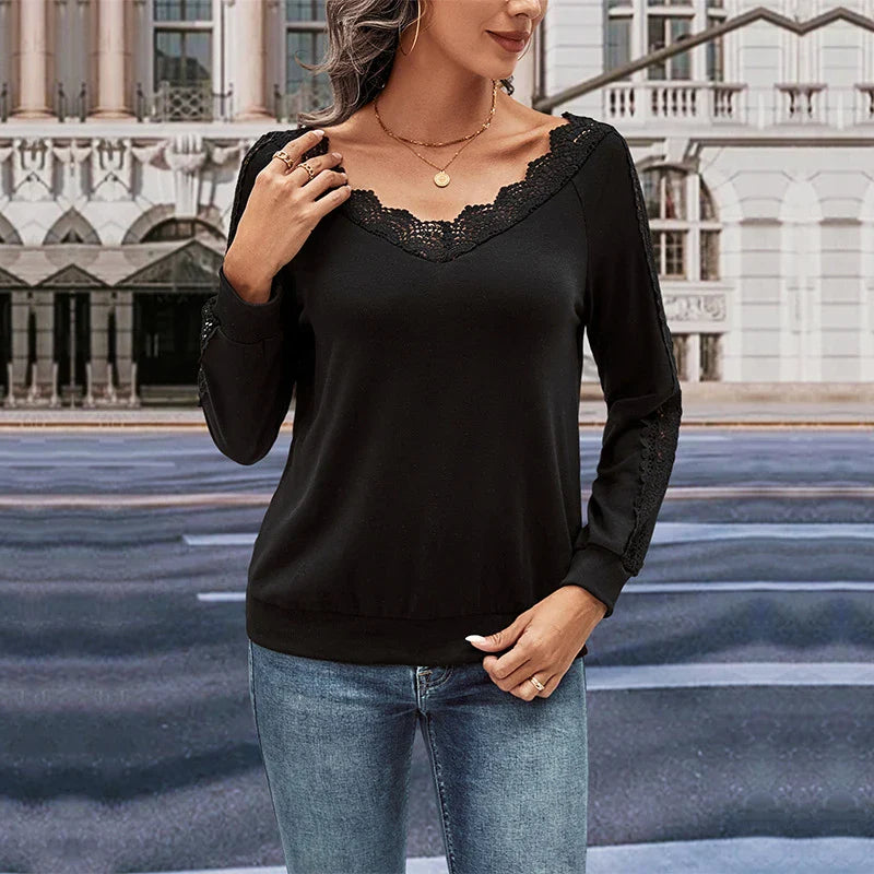 Elegant polyester lace blouse for women in various colors, featuring a long-sleeve silhouette and classic design