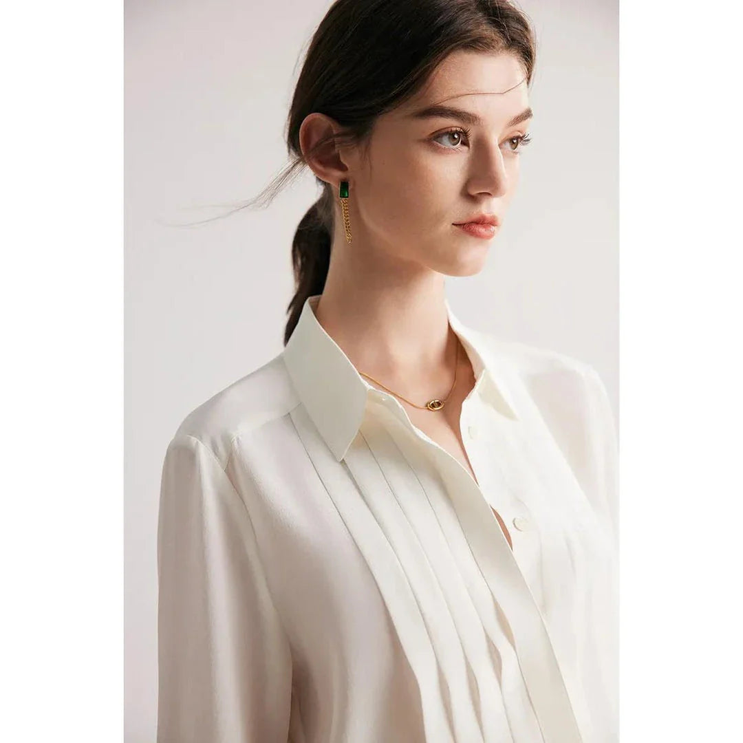 Elegant white blouse made from premium mulberry silk, designed with a sophisticated turn-down collar for the modern office lady