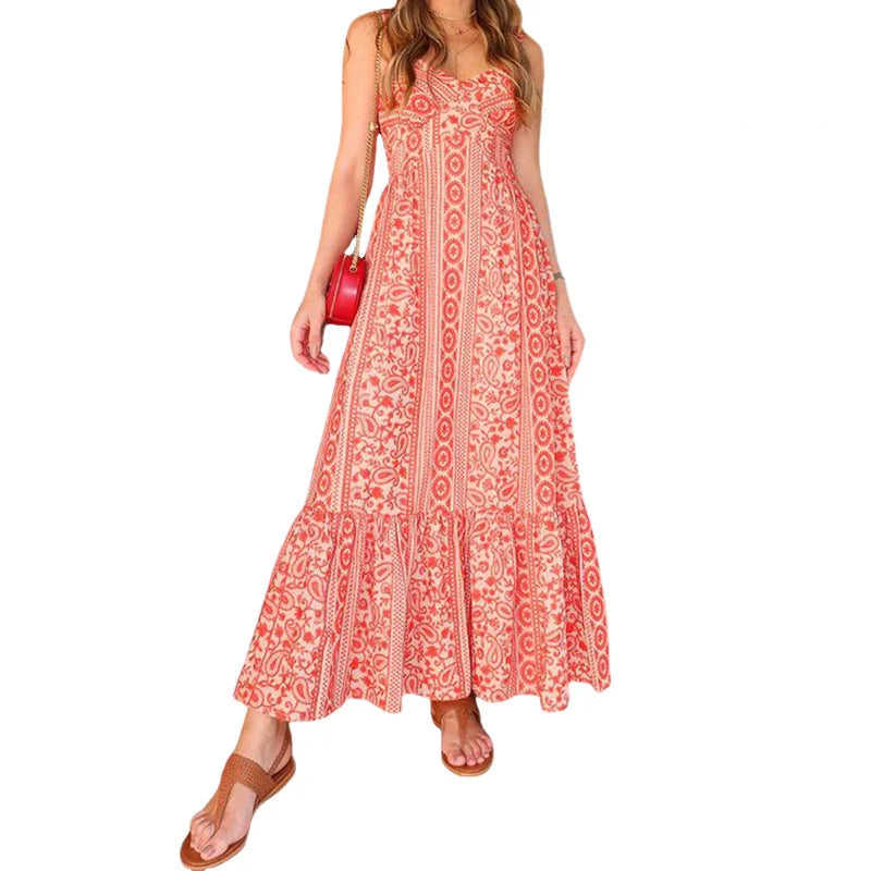 Floral print sling dress with mid-length design, available in sizes S-XL and orange red color
