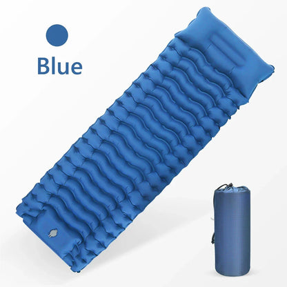 Inflatable camping mattress with built-in pillow and pump for comfortable outdoor sleeping
