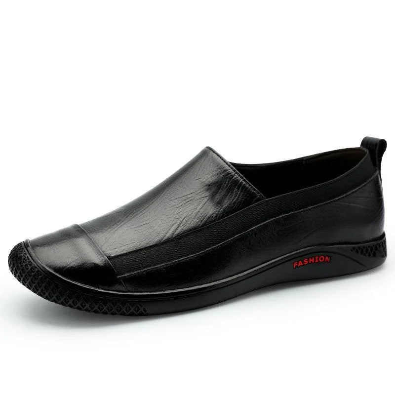 A pair of durable and stylish men's casual leather shoes in black, featuring a pointed toe, low upper, and rubber sole.