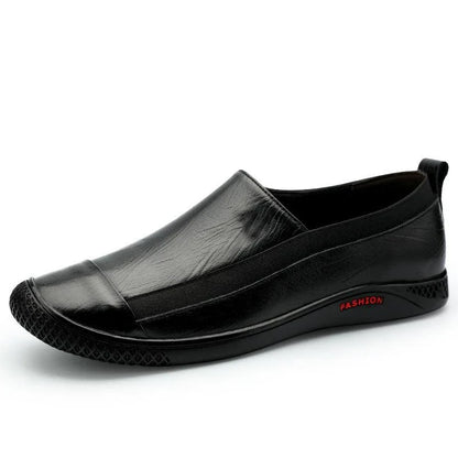 A pair of durable and stylish men's casual leather shoes in black, featuring a pointed toe, low upper, and rubber sole.