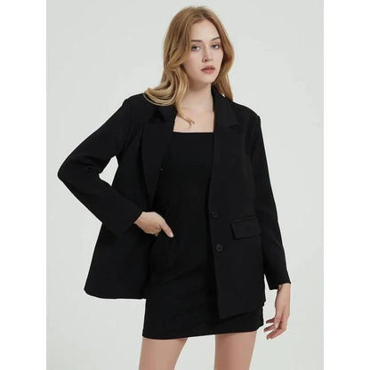 Elegant women's black blazer coat with a turn-down collar, single-breasted closure, and practical pockets for a polished, professional look.
