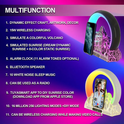 A sleek and modern wireless charging alarm clock with a captivating LED flame effect, designed to create a calming ambiance in your bedroom.