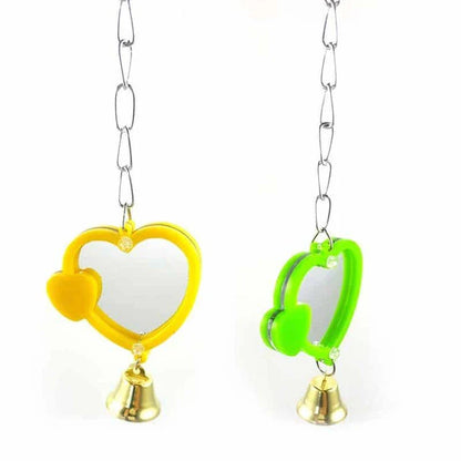 Heart-shaped mirror for birds made of acrylic and metal, providing a stylish and engaging accessory for your feathered companion's habitat