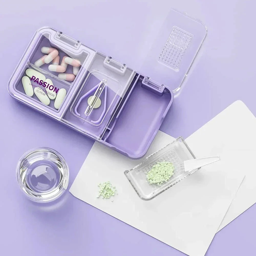 A versatile 3-in-1 pill cutter, crusher, and storage device with a sharp stainless steel blade, anti-slip silicone pad, and moisture-proof storage compartment for seamless medication management.