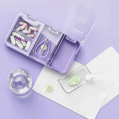 A versatile 3-in-1 pill cutter, crusher, and storage device with a sharp stainless steel blade, anti-slip silicone pad, and moisture-proof storage compartment for seamless medication management.