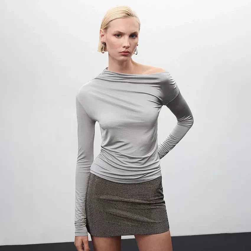 Grey asymmetrical collar ruched tee for women, featuring a sophisticated design and stretchy, durable fabric for all-day comfort and style.