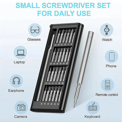 A 24-in-1 magnetic precision screwdriver set with an ergonomic handle and 24 hardened S2 tool steel bits for versatile DIY repairs