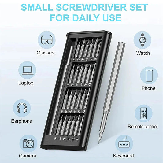 A 24-in-1 magnetic precision screwdriver set with an ergonomic handle and 24 hardened S2 tool steel bits for versatile DIY repairs