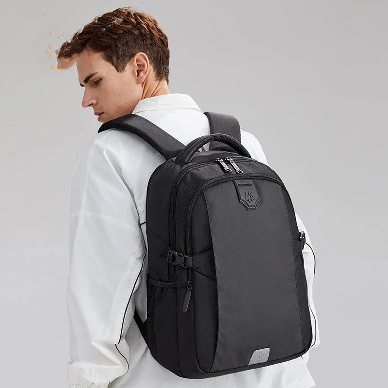 A sleek and stylish anti-theft backpack with a physiological curve back plate for comfortable carrying, made of waterproof and breathable polyester materials.