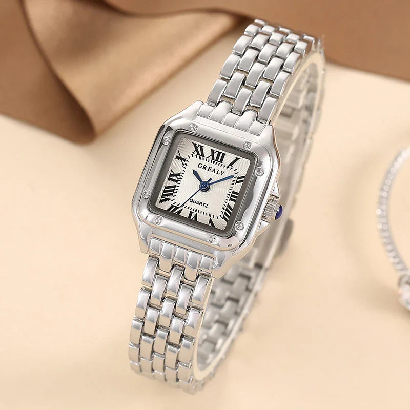 Elegant stainless steel square women's watch with quartz movement and sleek design
