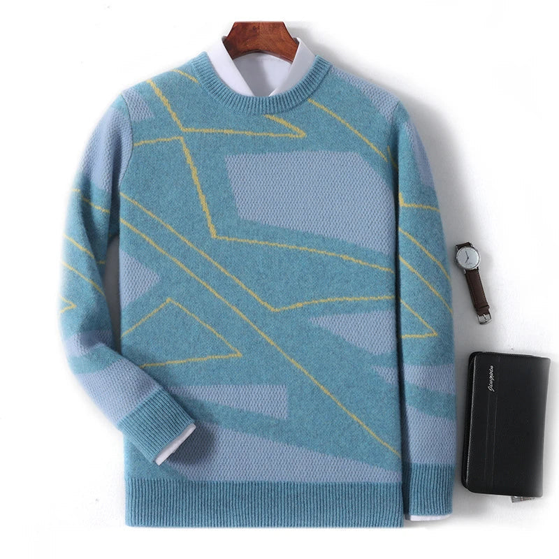 A cozy, plaid pullover sweater in gray, lake blue, purple velvet camel, and olive green colors, featuring a relaxed fit and premium wool construction for warmth and comfort.