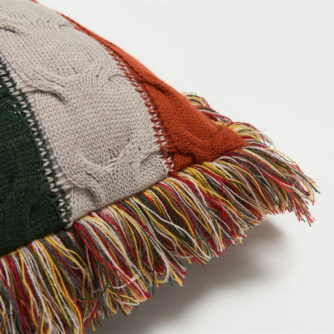 Boho Decorative Wool Knitted Fringed Pillow in Multicolor, Plush Cushion for Sofa and Bed Decor