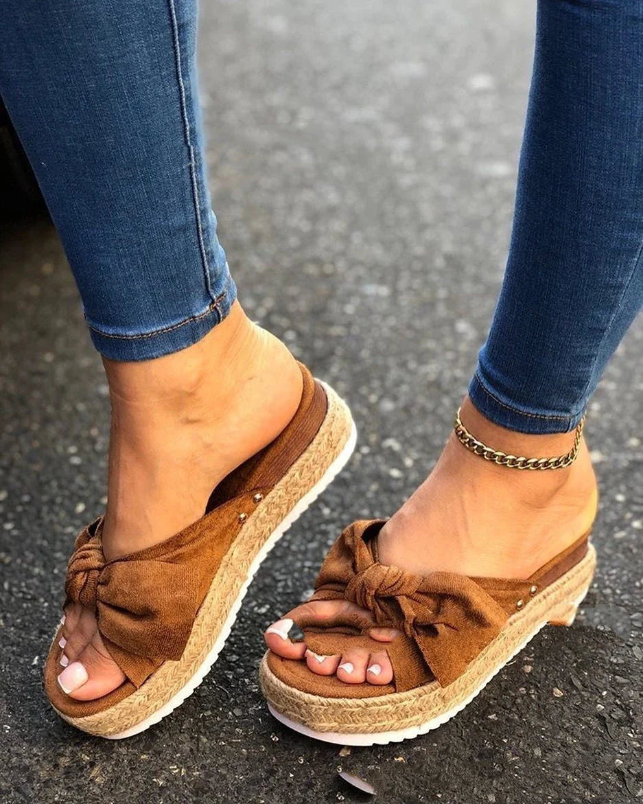 Premium hemp rope platform bow sandals with suede upper and PU sole for stylish and comfortable everyday wear