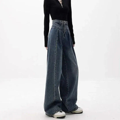 Fashionable wide-leg blue denim jeans with a relaxed, comfortable fit and high-waisted design