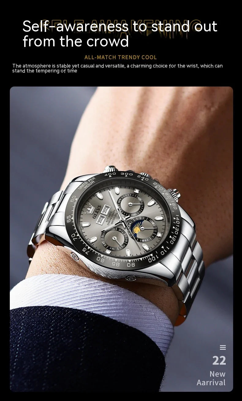 Elegant automatic men's watch with stainless steel case and adjustable bracelet, showcasing precise timekeeping and versatile design.