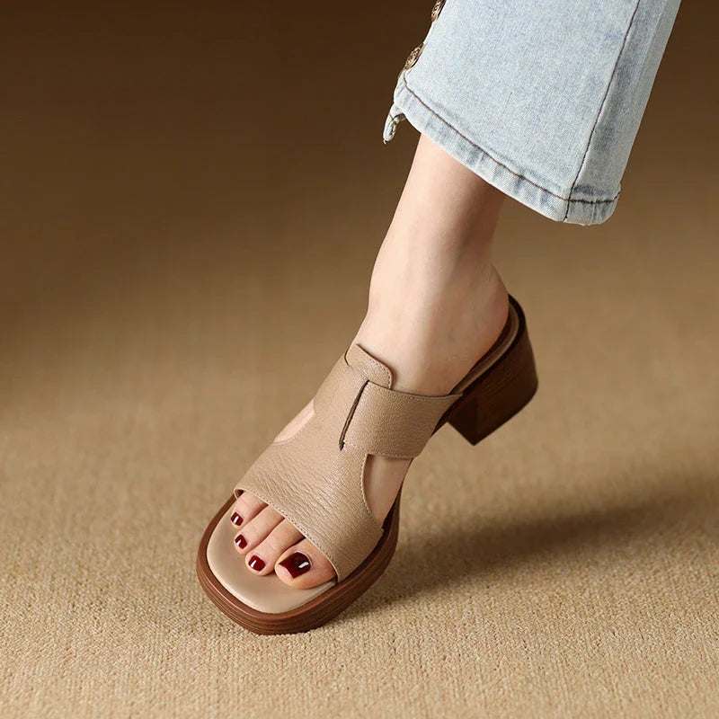 Women's Leather Peep Toe High Heel Sandals in Black, featuring genuine leather upper, sheepskin lining, and stylish square heel design