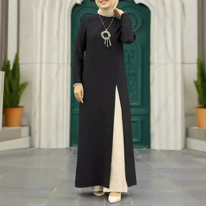 Elegant polyester dress with long sleeves, high slit hem, and available in caramel, black, blue, green, and pink colors