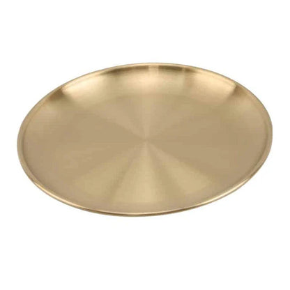 Elegant European-style round dinner plates made of premium stainless steel with a luxurious gold finish