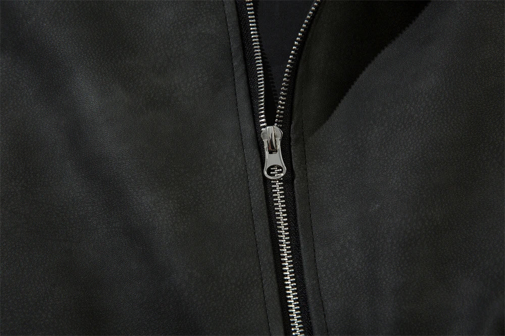 Fashionable Loose PU Leather Jacket with Star Embroidery Design in Black and Gray Green Colors