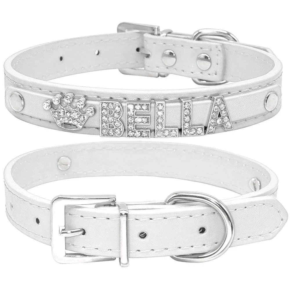 Elegant leather dog collar with shimmering crystal embellishments, perfect for adding a touch of luxury to your pup's style.