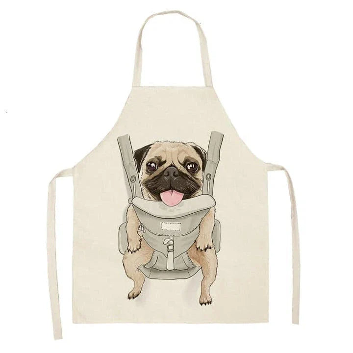 Charming pug-themed apron with a vibrant print, made of durable cotton and linen materials for practical kitchen use.