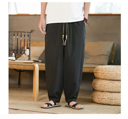 Men's Chinese-inspired harem pants made of luxurious ice silk fabric with a relaxed, draped silhouette