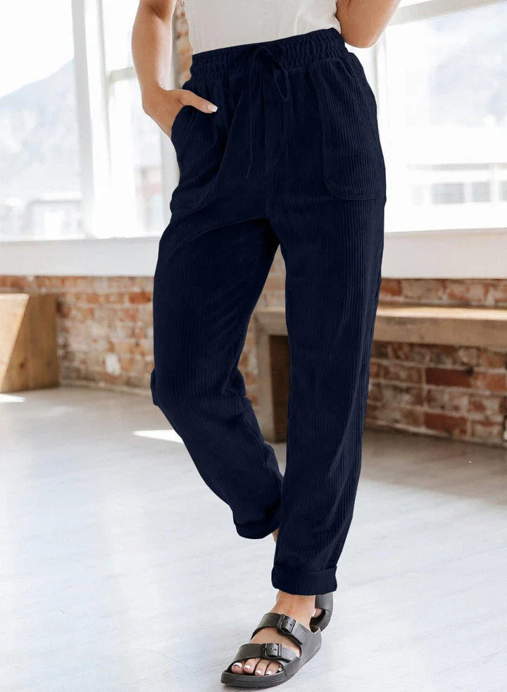 Women's Corduroy Pants with Wide-Leg Silhouette, Elastic Waistband, and Pockets