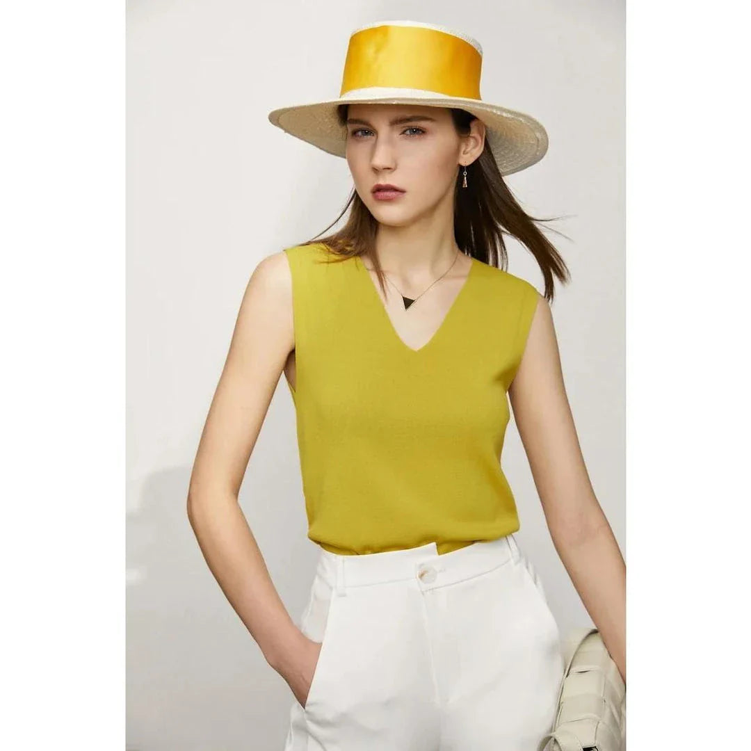 Minimalist V-Neck Tank Top in yellow, showcasing the elegant hyperbola neckline and versatile design for office and casual wear.