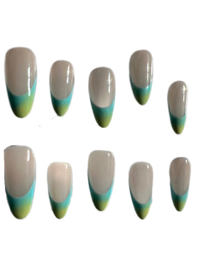 Handmade premium almond-based nail armor with a French manicure design, available in custom-fitted sizes and a macaron-inspired color palette
