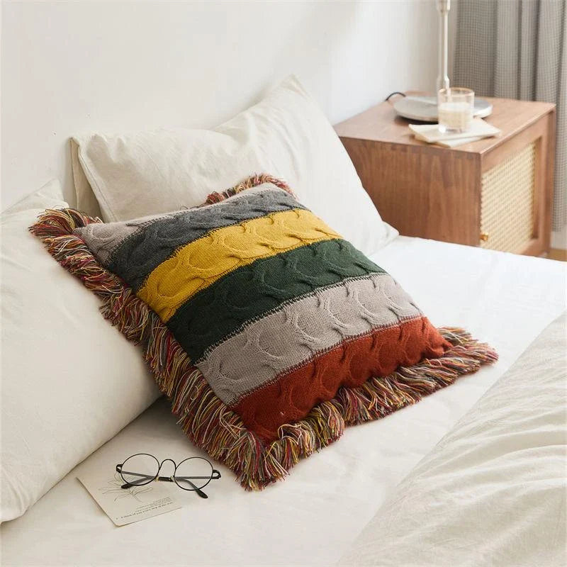 Boho Decorative Wool Knitted Fringed Pillow in Multicolor, Plush Cushion for Sofa and Bed Decor