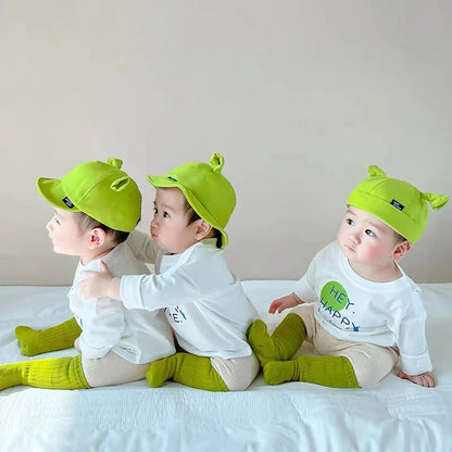 Green Cartoon Baby Sun Hat with Adorable Ear Design, Offering Soft, Breathable Comfort and Adjustable Fit for Babies 0-24 Months