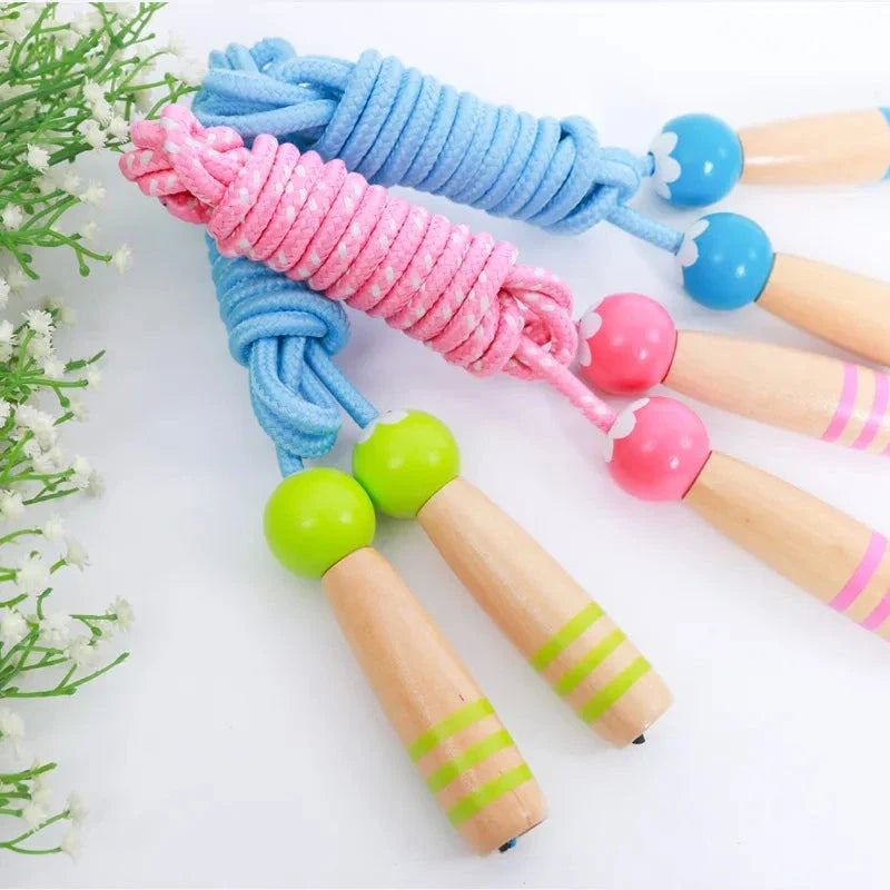 Adjustable Wooden Skipping Rope with Cartoon Characters for Kids in Blue, Green, and Pink Colors