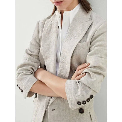 Elegant women's linen suit set with beaded blazer and straight trousers in various sizes