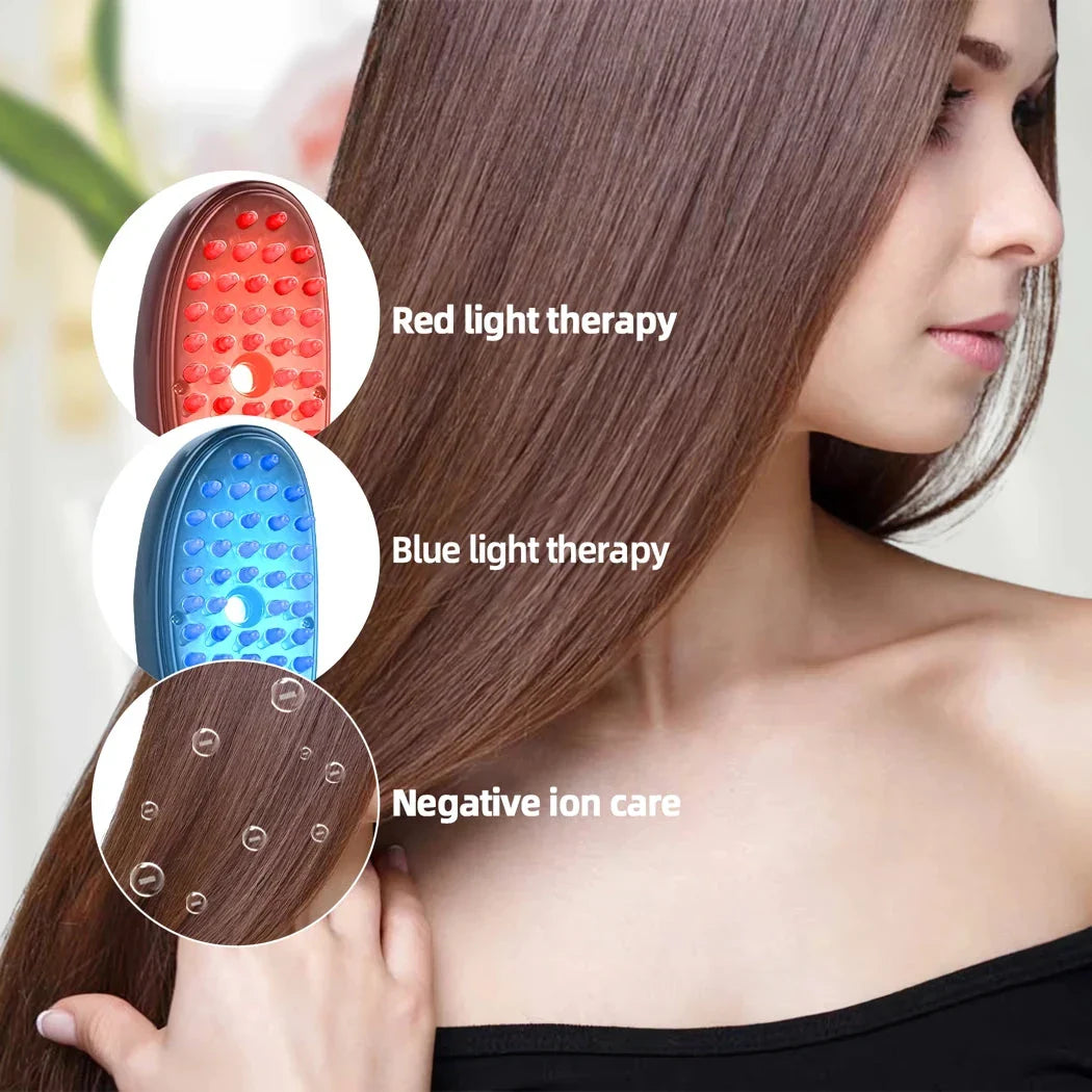 Electric Massage Comb with micro current scalp stimulator, blue and red light therapy, and soft massage head for healthy hair growth