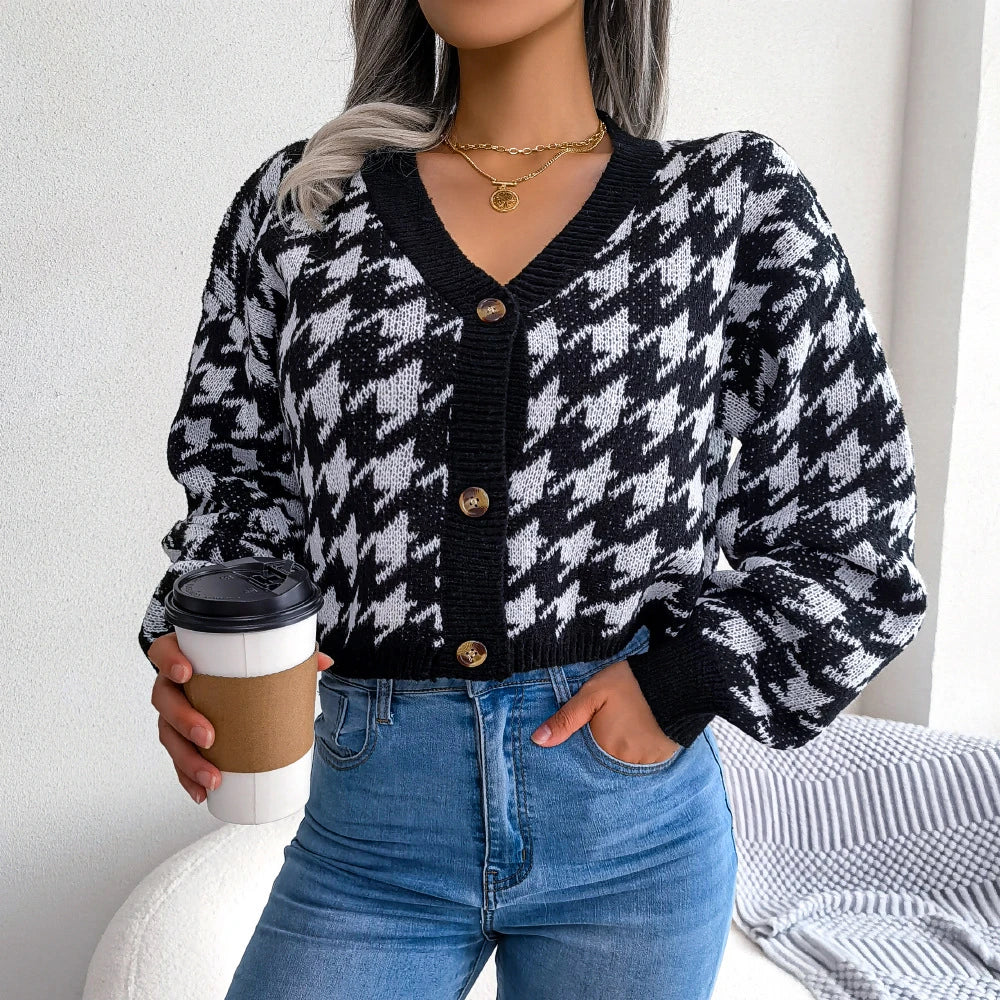 Cozy and stylish thousand birds pattern cardigan sweater with lantern sleeves