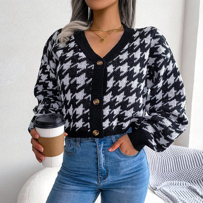 Cozy and stylish thousand birds pattern cardigan sweater with lantern sleeves