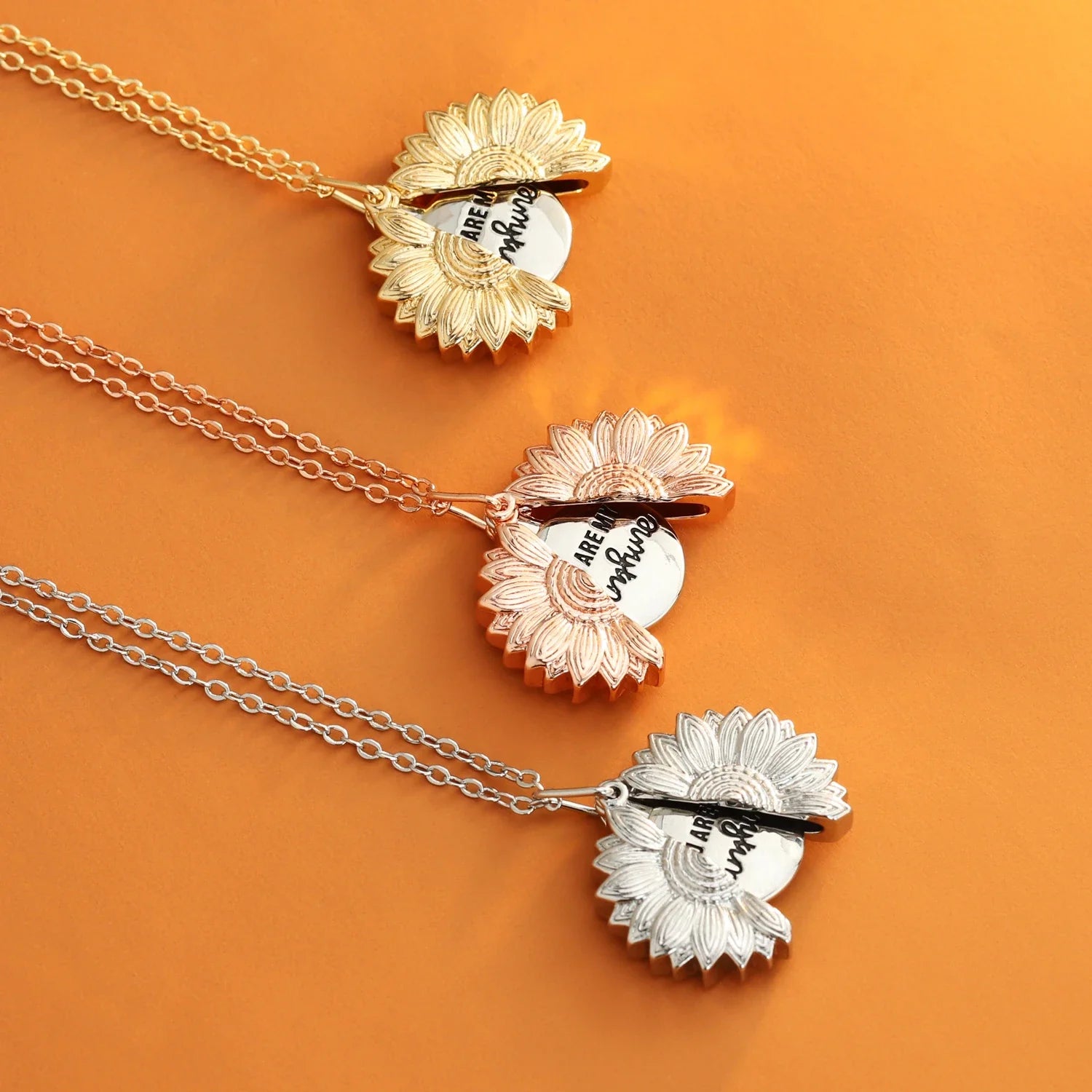 Elegant sunflower necklace with a captivating flower-shaped pendant in gold, silver, or rose gold finish