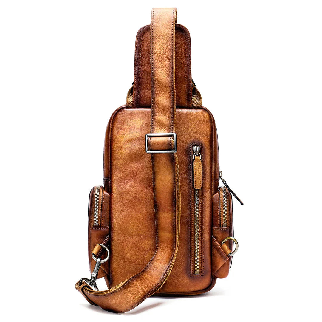 Men's casual first layer cowhide small chest bag in light brown color, featuring a compact and versatile design for everyday use