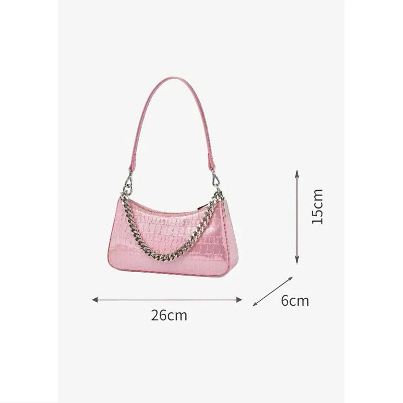 Elegant alligator print leather shoulder bag with chic chain decoration, versatile hobo shape, and interior organization pockets
